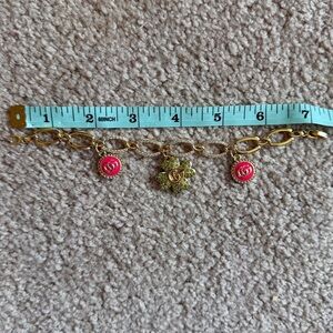 Upcycled Gucci Gold Charm Bracelet with Pink Enamel and Green Crystal Clover